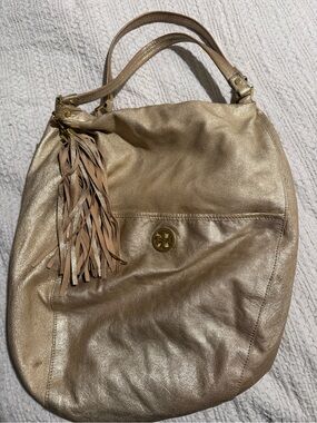 Tory Burch Shimmery Gold Leather Hobo with Tassel